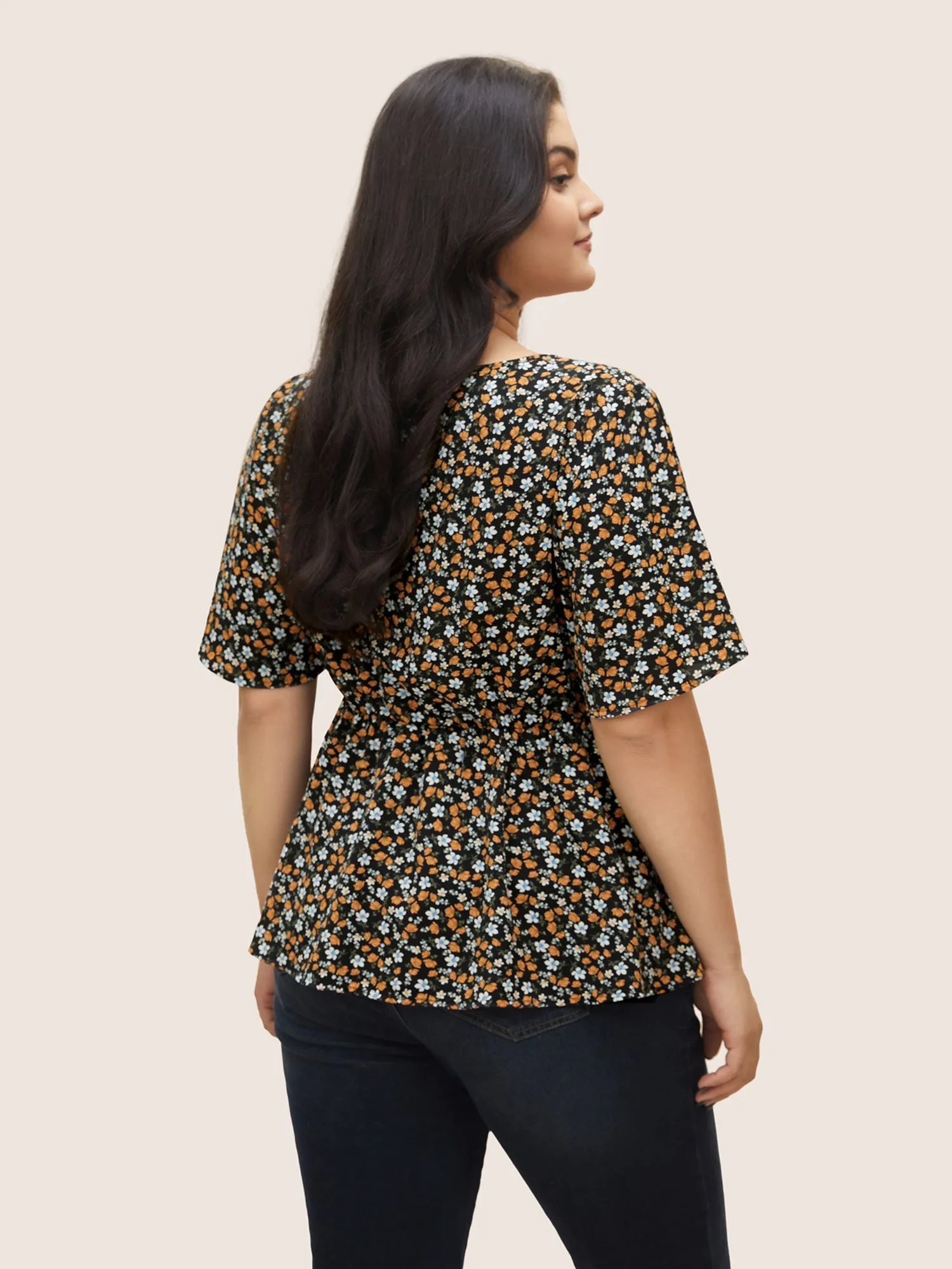 Ditsy Floral Keyhole Elastic Waist Ruffle Sleeve Blouse sold by Bloomchic product image thumbnail 4