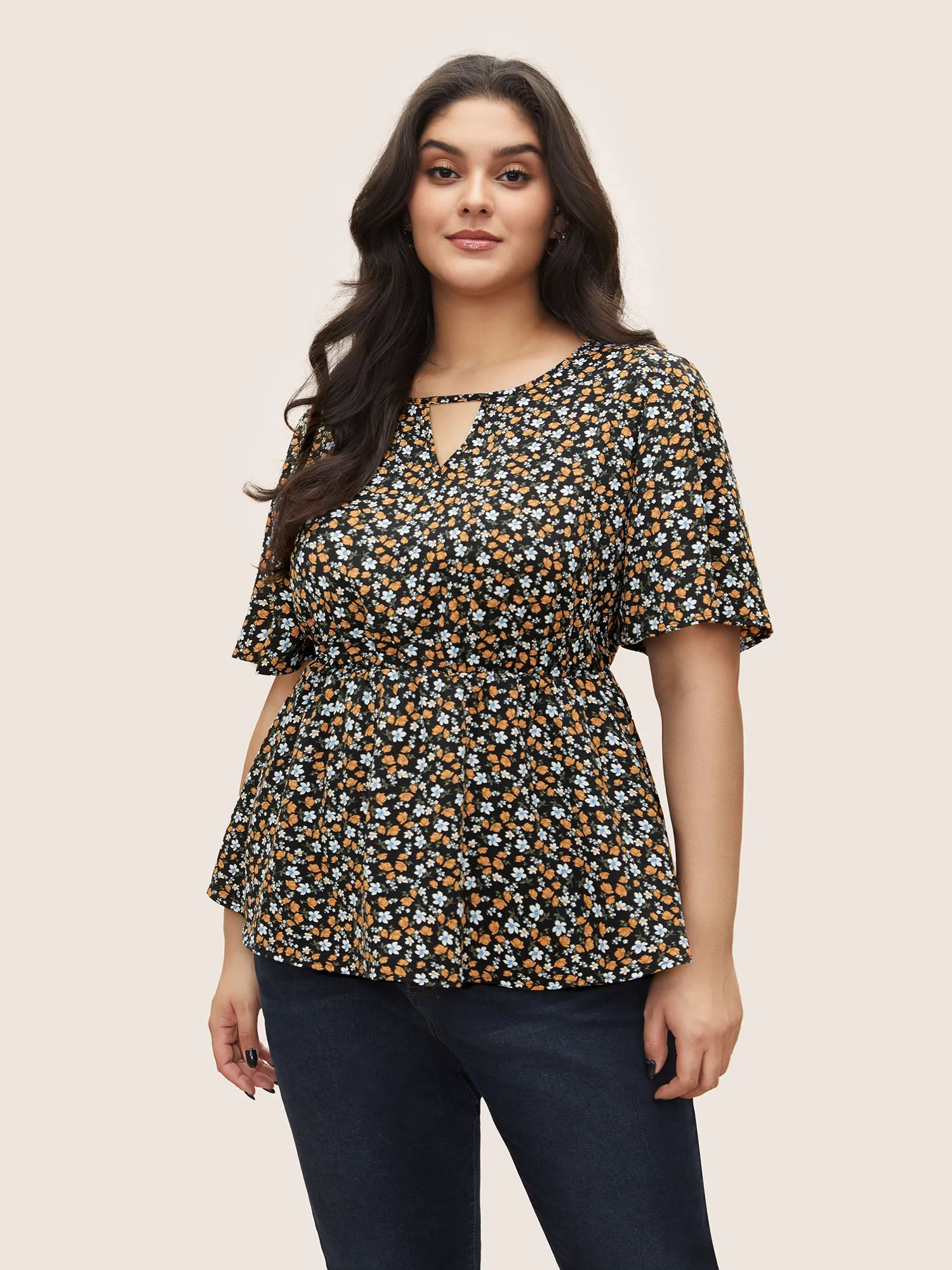 Ditsy Floral Keyhole Elastic Waist Ruffle Sleeve Blouse sold by Bloomchic