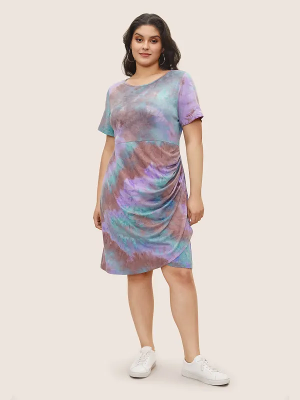 Tie Dye Ruched Round Neck Dress sold by Bloomchic