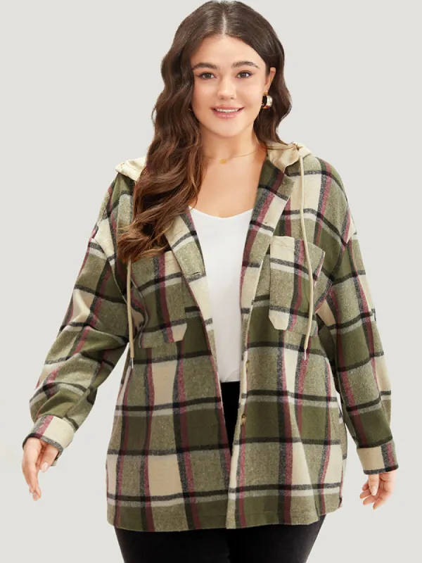 Plaid Hooded Drawstring Pocket Coat sold by Bloomchic