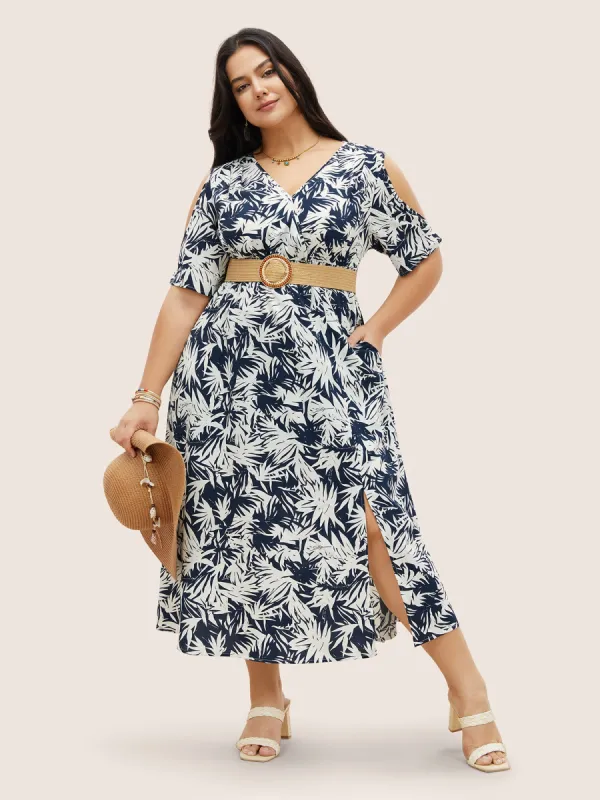 Tropical Print Overlap Collar Shirred Cut Out Dress made by Bloomchic