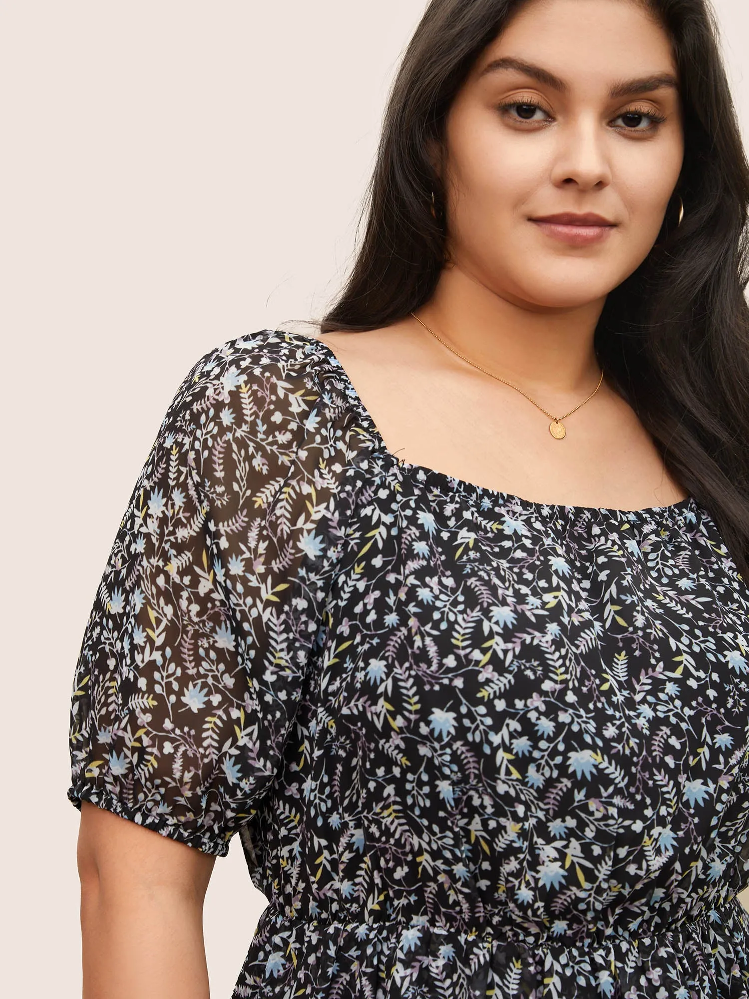 Ditsy Floral Mesh Square Neck Layered Hem Blouse sold by Bloomchic product image thumbnail 3