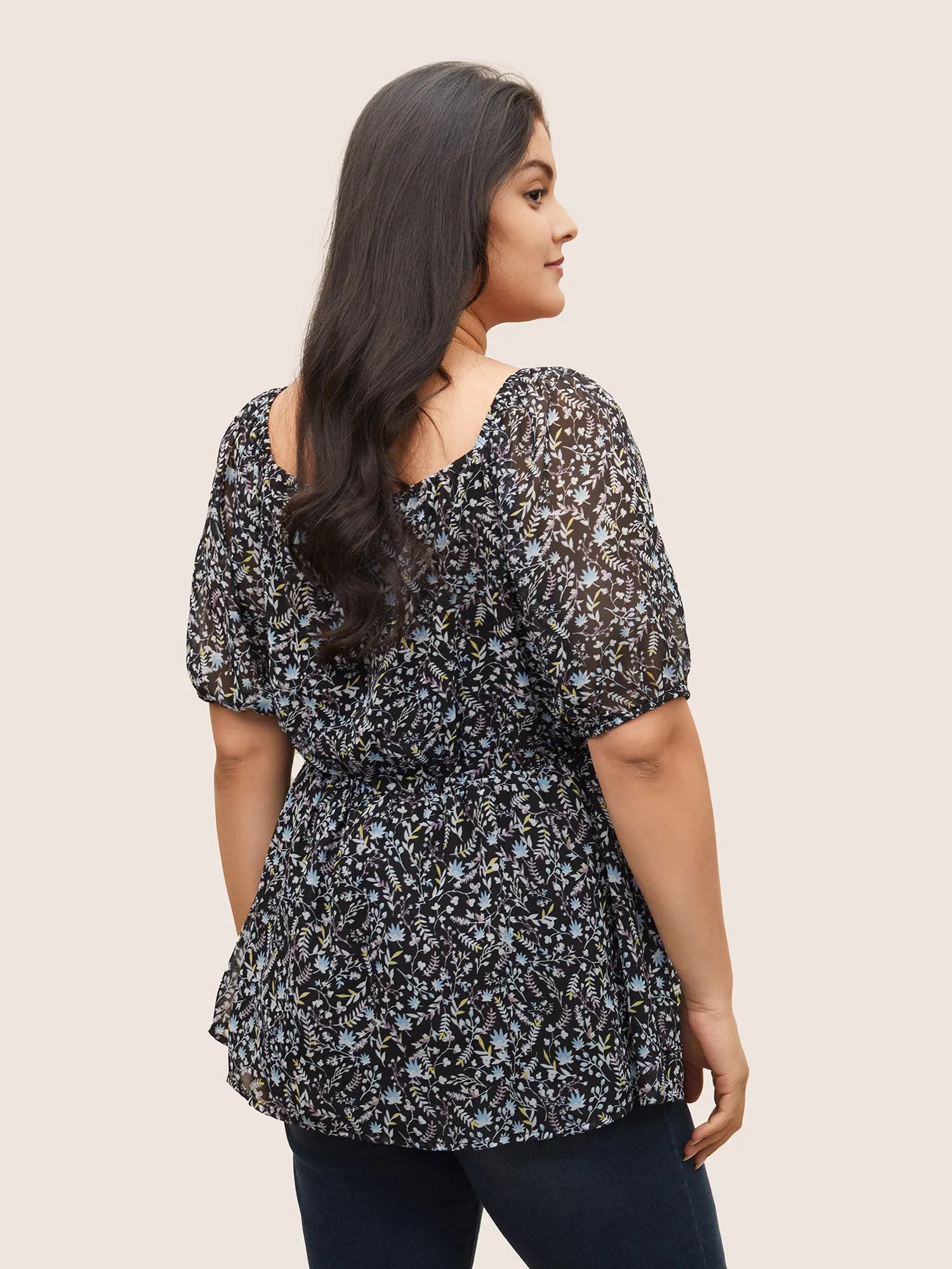 Ditsy Floral Mesh Square Neck Layered Hem Blouse sold by Bloomchic product image thumbnail 4