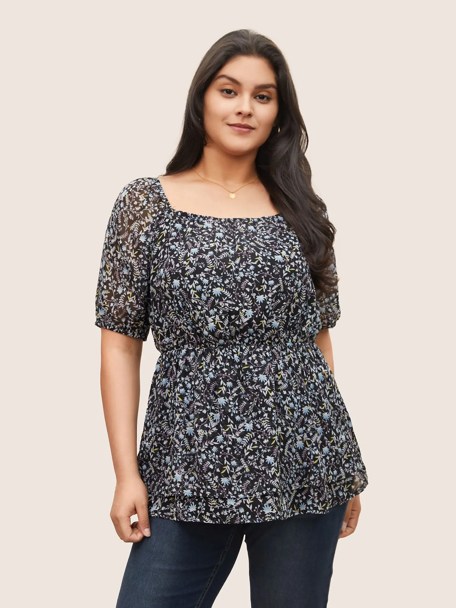 Ditsy Floral Mesh Square Neck Layered Hem Blouse sold by Bloomchic