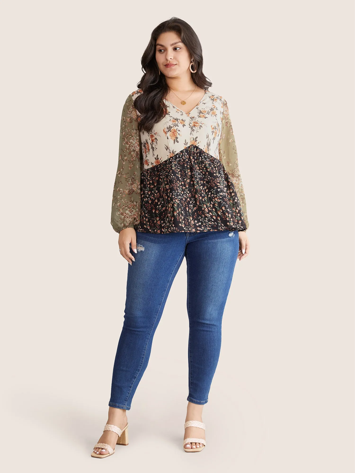 Chiffon Contrast Ditsy Floral Patchwork Blouse sold by Bloomchic product image thumbnail 2