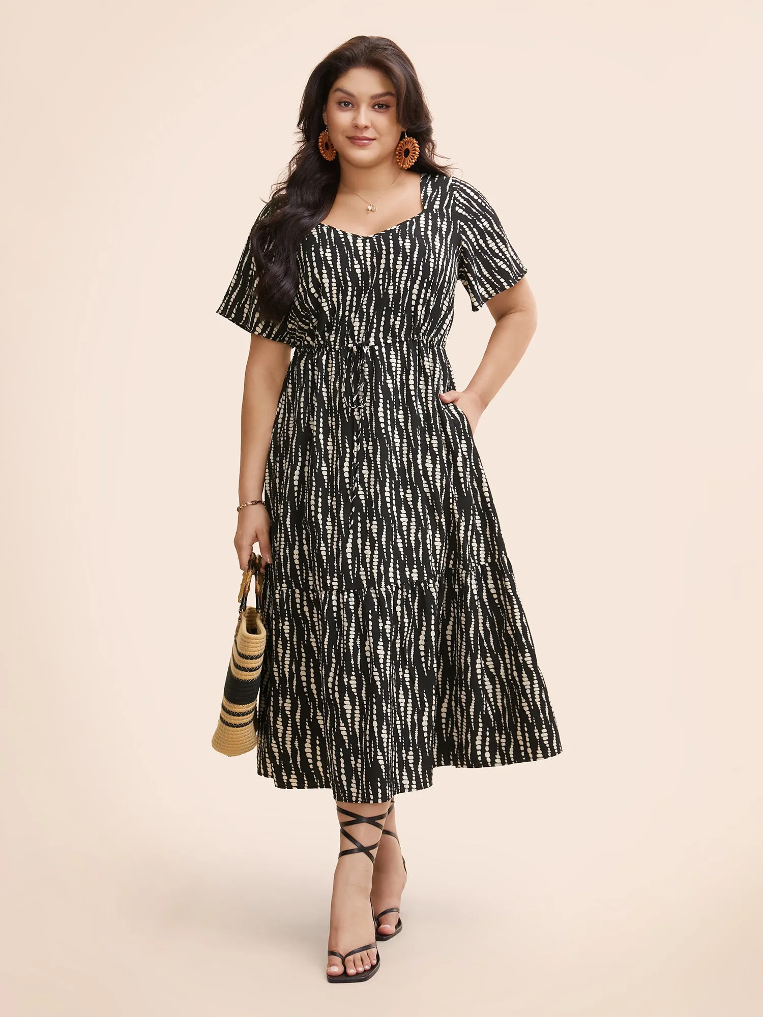 Heart Neckline Polka Dot Drawstring Dress sold by Bloomchic