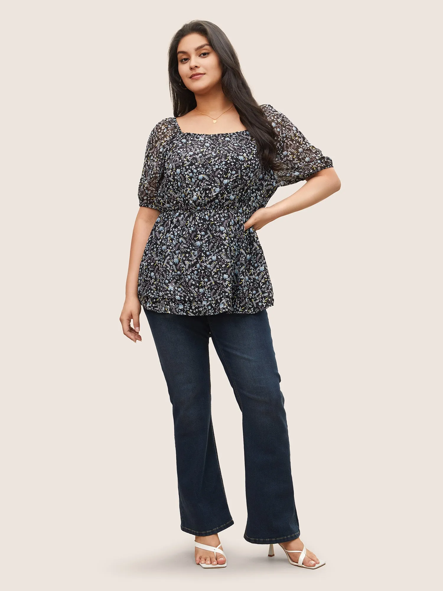 Ditsy Floral Mesh Square Neck Layered Hem Blouse sold by Bloomchic product image thumbnail 2