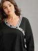 Checkered Patchwork Asymmetrical Neck Button Detail Blouse sold by Bloomchic