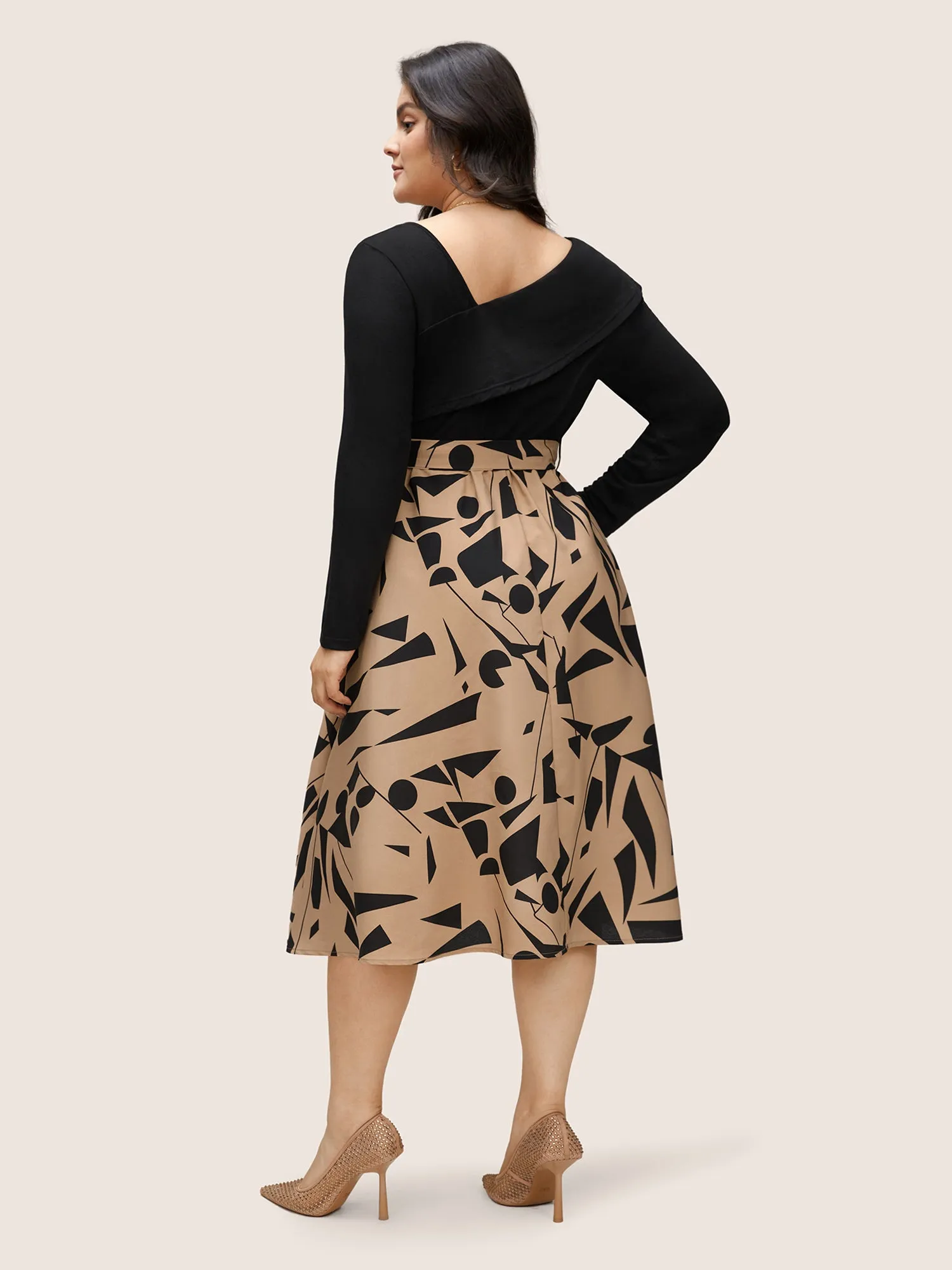 Geometric Contrast Patchwork Asymmetrical Neck Belted Dress sold by Bloomchic product image thumbnail 3