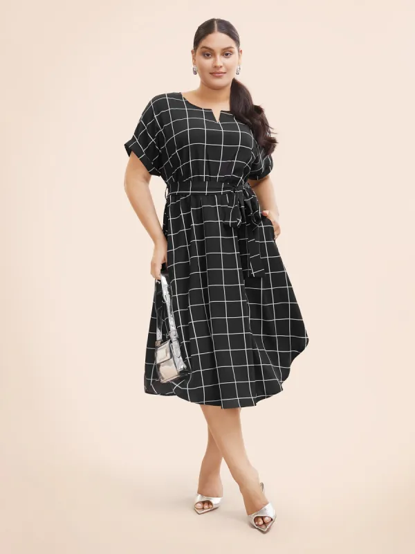 Plaid Notched Collar Dolman Sleeve Dress sold by Bloomchic