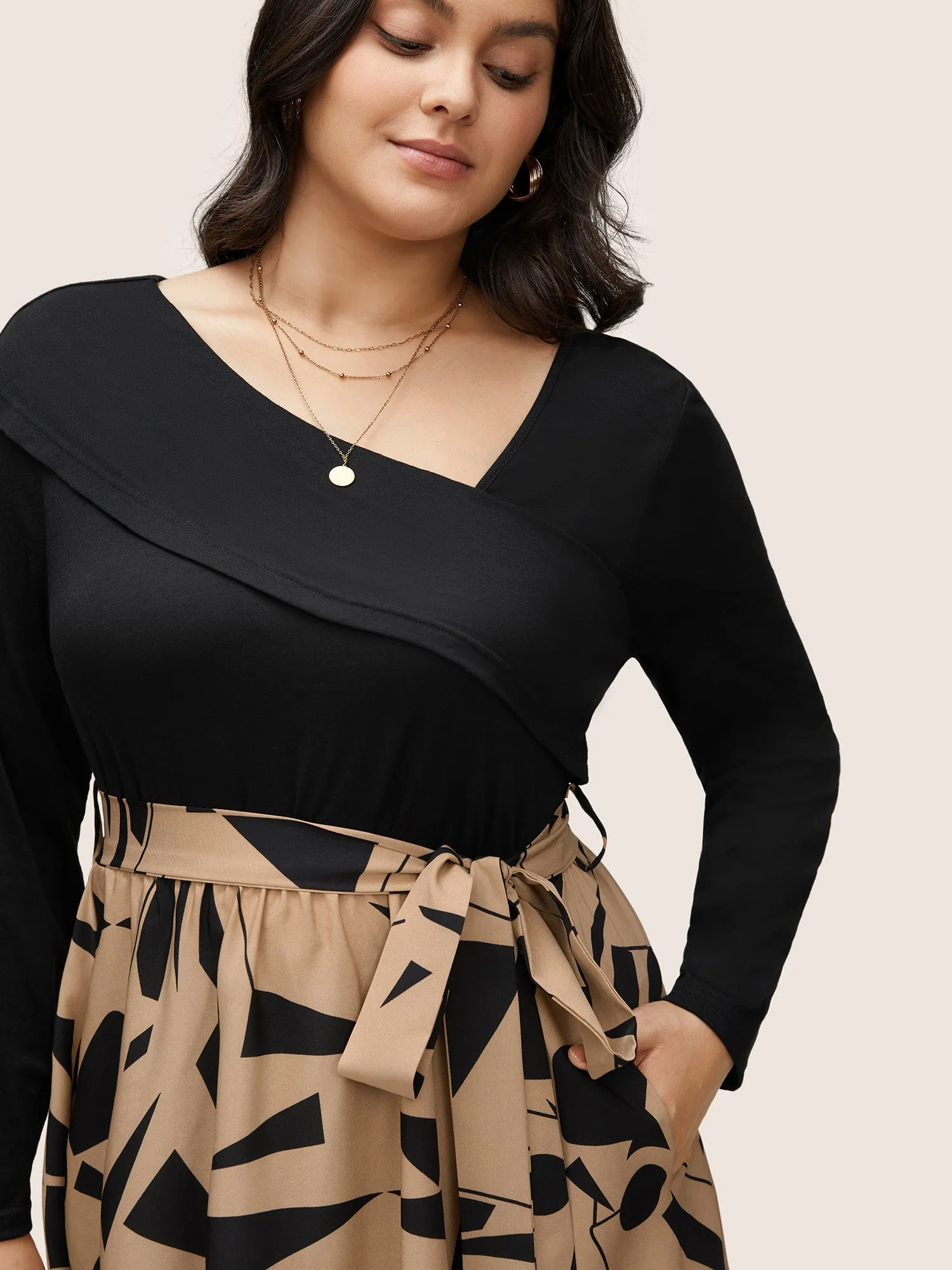 Geometric Contrast Patchwork Asymmetrical Neck Belted Dress sold by Bloomchic product image thumbnail 4