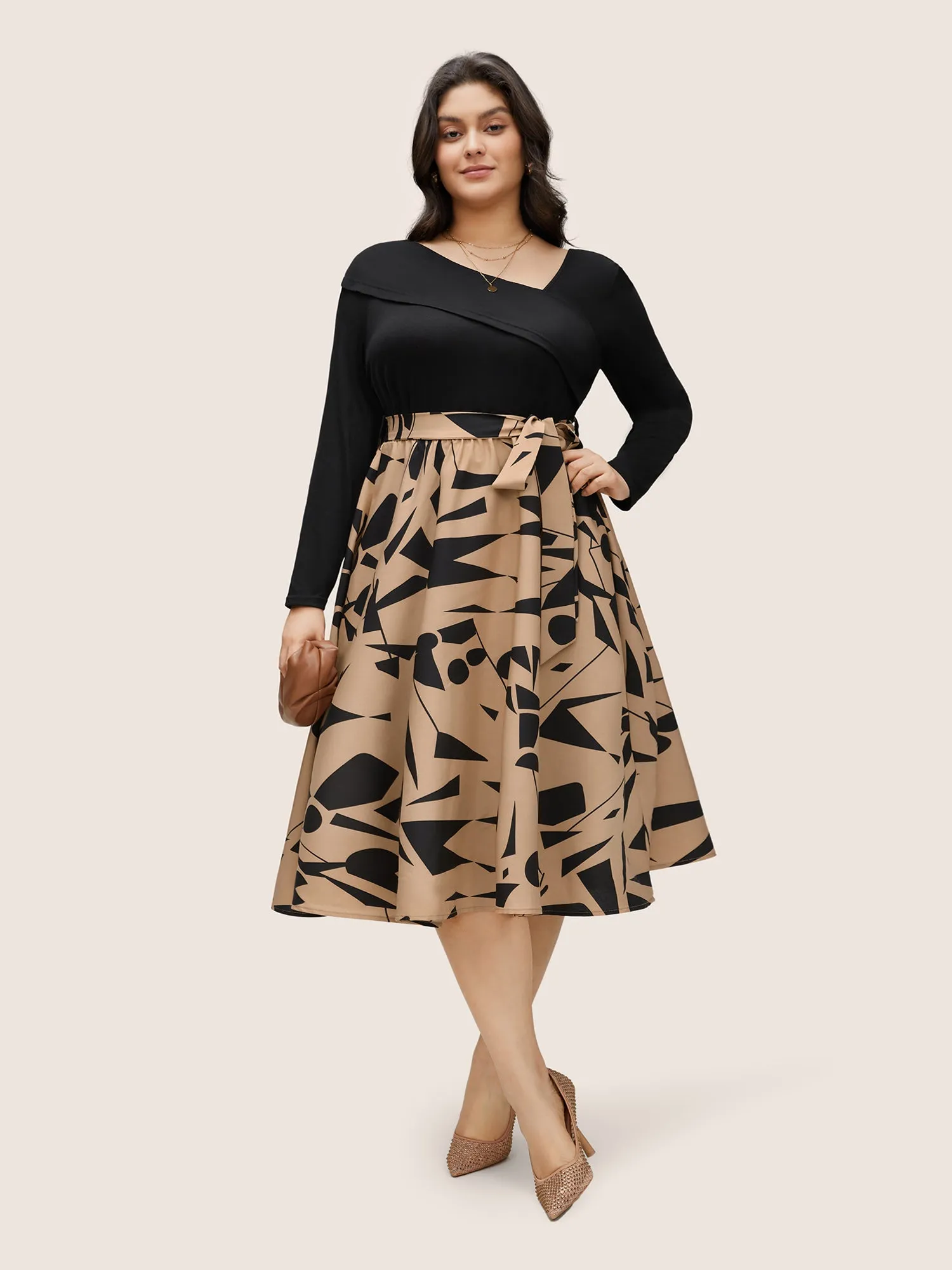 Geometric Contrast Patchwork Asymmetrical Neck Belted Dress sold by Bloomchic product image thumbnail 2