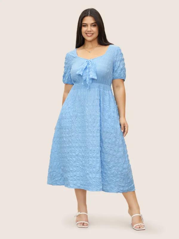 Citrus Plain Texture Shirred Tie Knot Lantern Sleeve Dress sold by Bloomchic