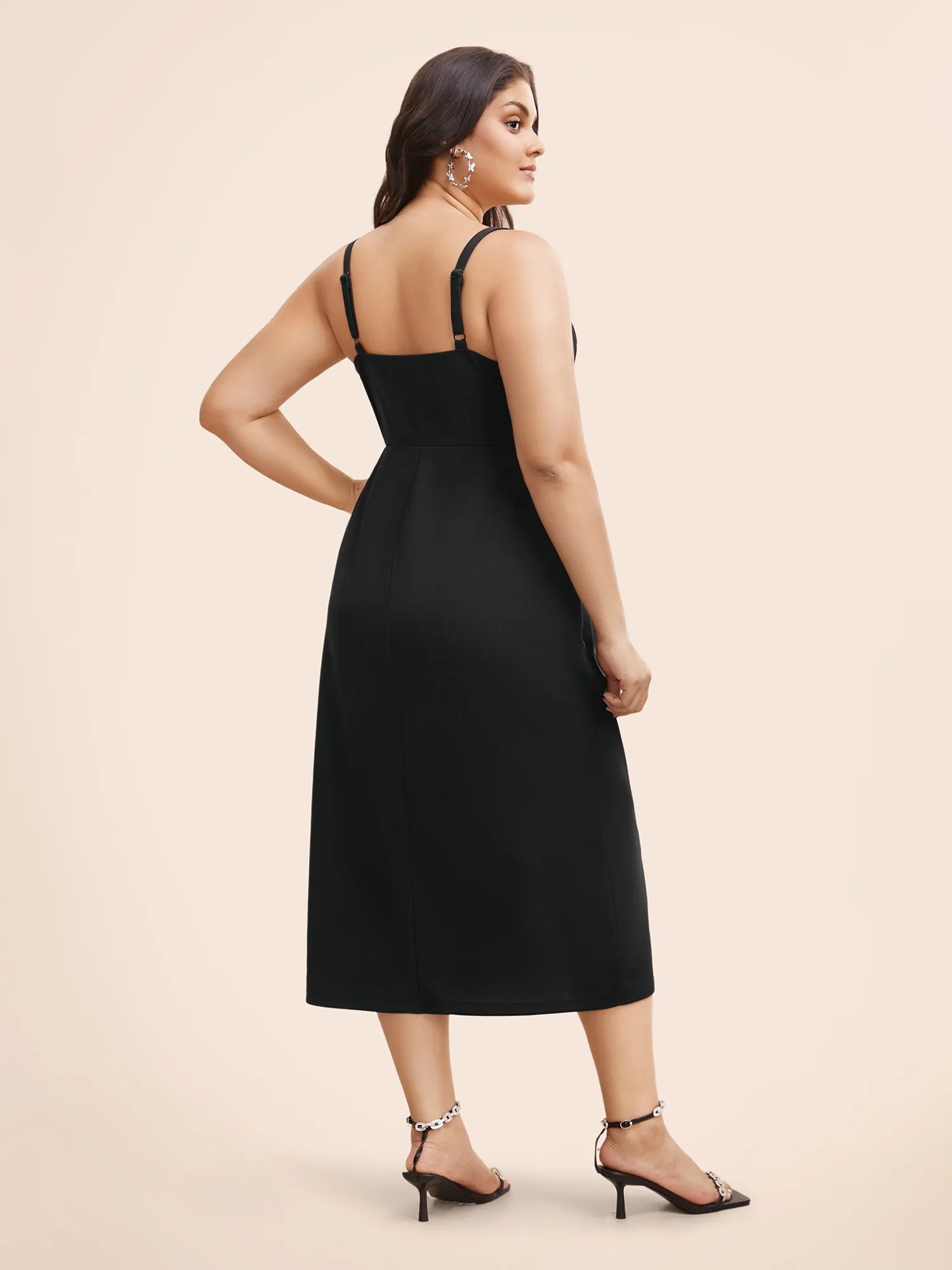 Plain Notched Pleated Detail Spaghetti Strap Wrap Hem Dress sold by Bloomchic product image thumbnail 4