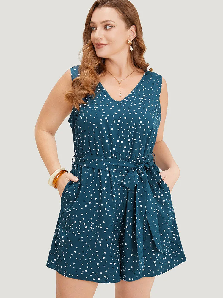 Polka Dot V Neck Pocket Sleeveless Belted Romper sold by Bloomchic