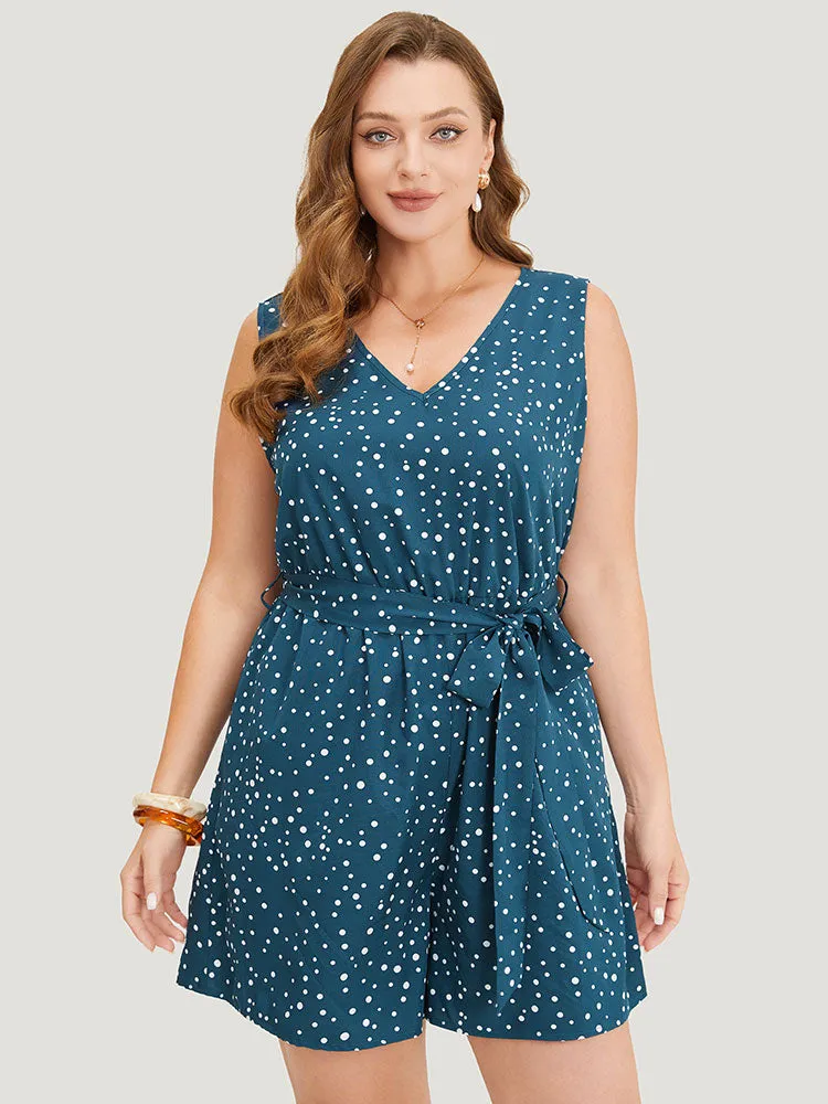 Polka Dot V Neck Pocket Sleeveless Belted Romper sold by Bloomchic product image thumbnail 3