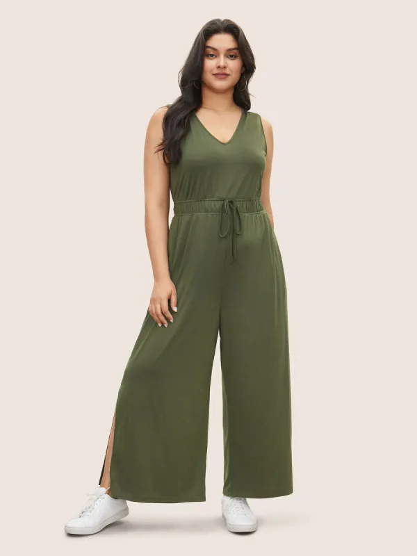 Solid Split Side Pocket Bowknot Tank Jumpsuit sold by Bloomchic