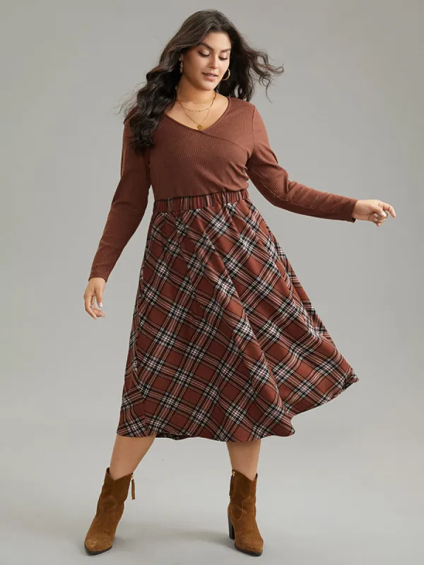 Plaid Elastic Waist Patchwork Rib Knit Dress sold by Bloomchic