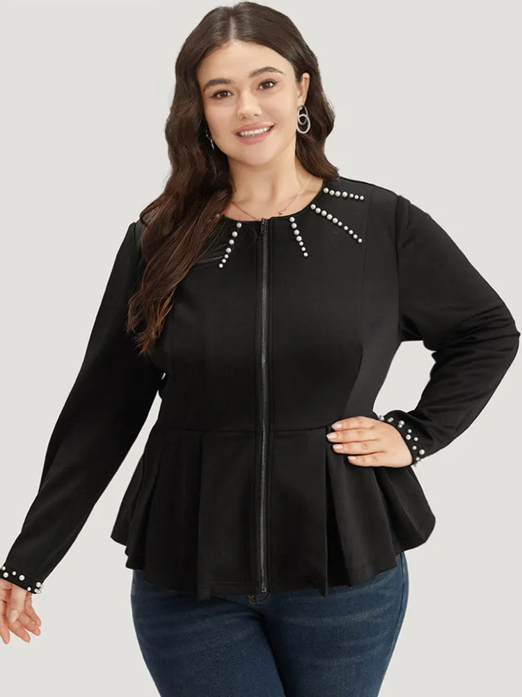 Pearl Beaded Zipper Plicated Detail Coat sold by Bloomchic