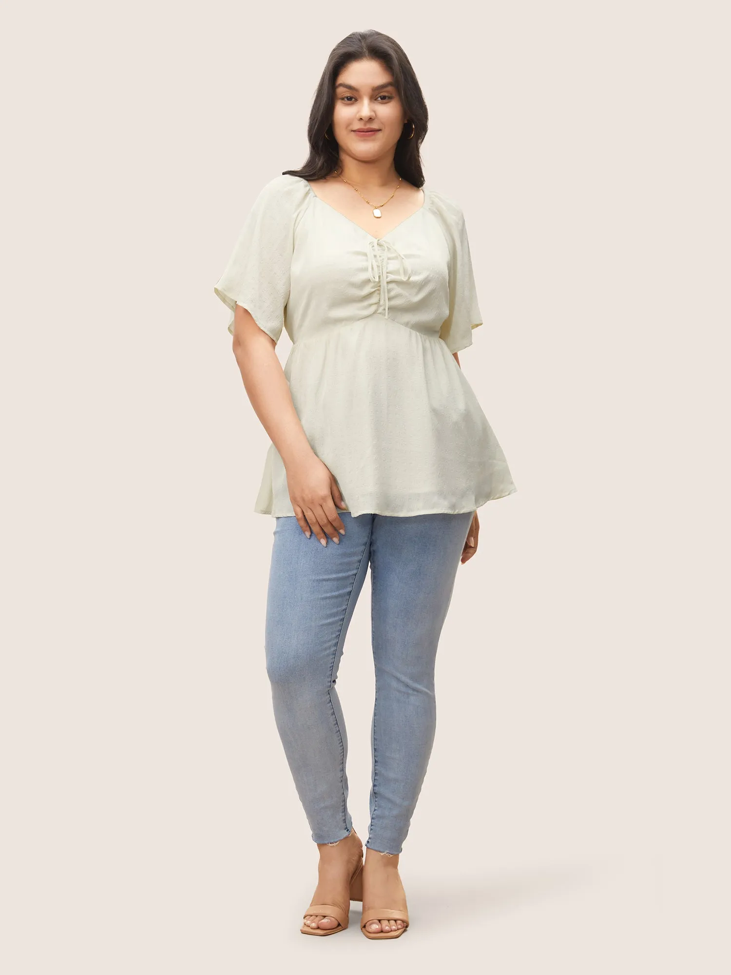 Plain Texture Elastic Waist Ruched Ties Blouse sold by Bloomchic product image thumbnail 2