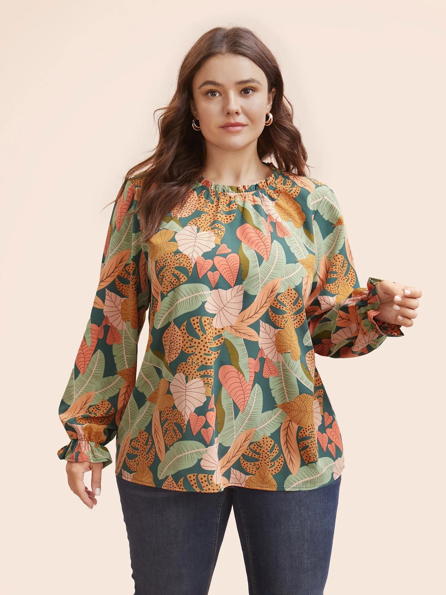 Plant Print Frill Trim Lantern Sleeve Blouse sold by Bloomchic