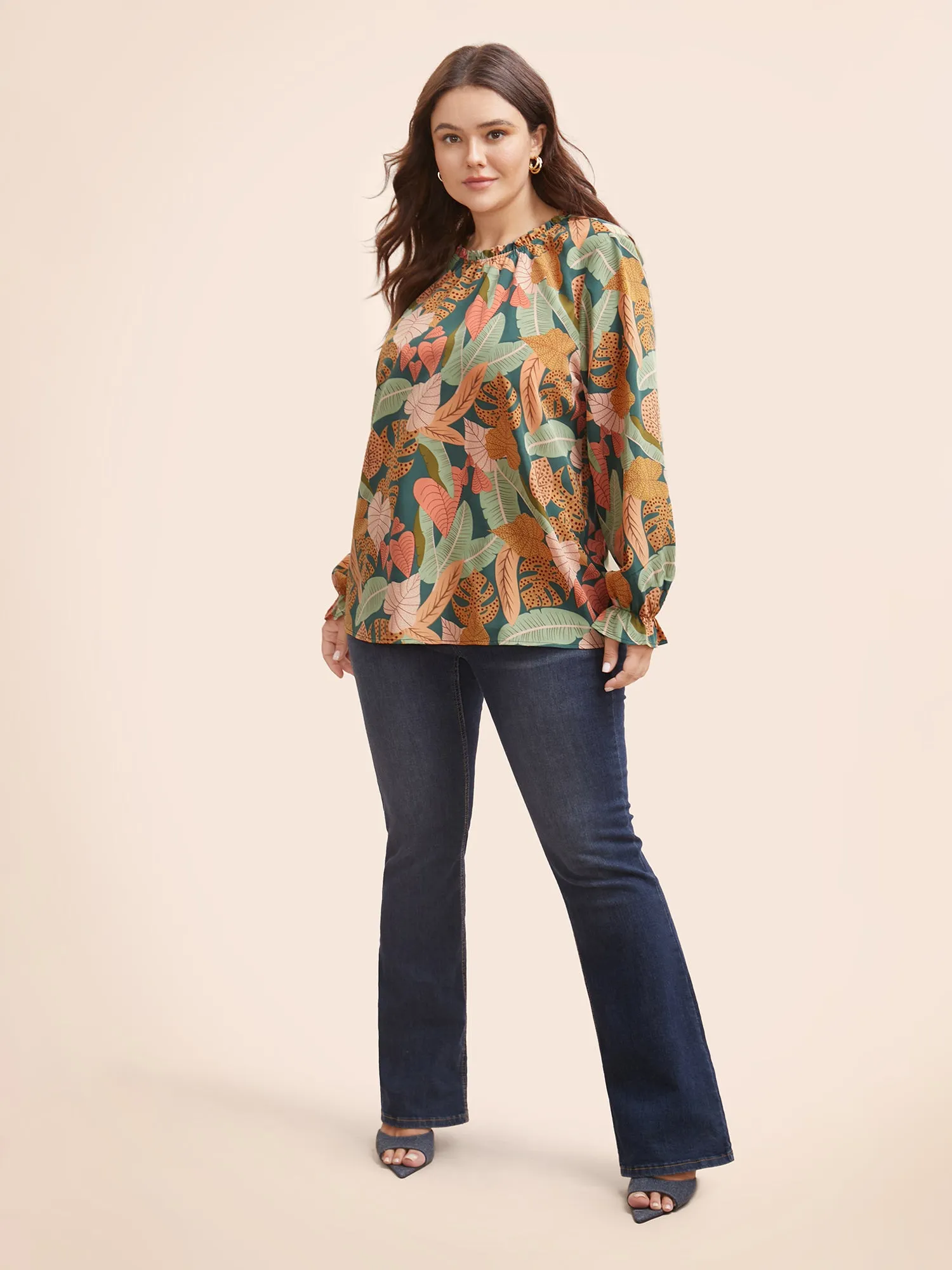Plant Print Frill Trim Lantern Sleeve Blouse sold by Bloomchic product image thumbnail 2