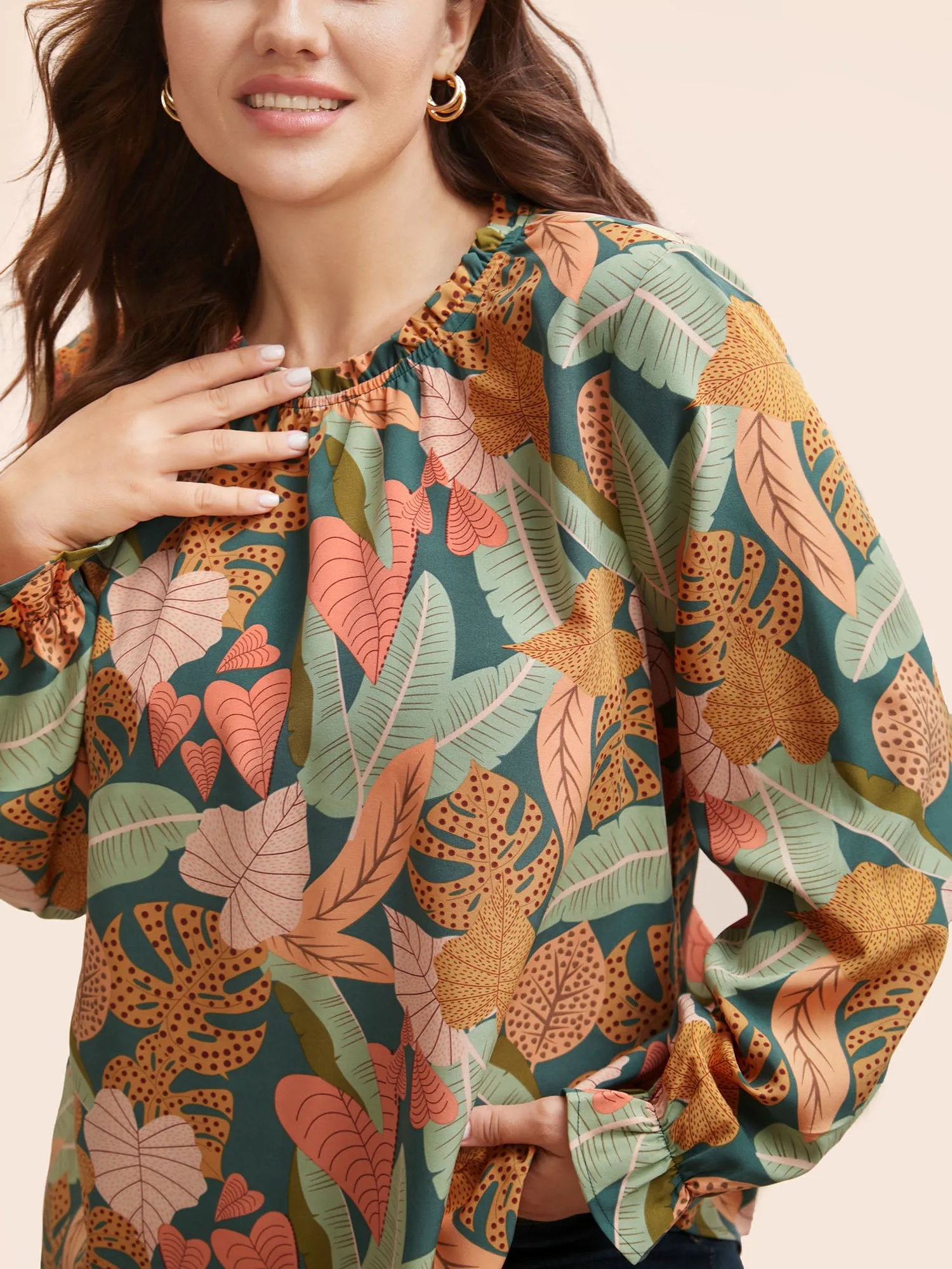 Plant Print Frill Trim Lantern Sleeve Blouse sold by Bloomchic product image thumbnail 4