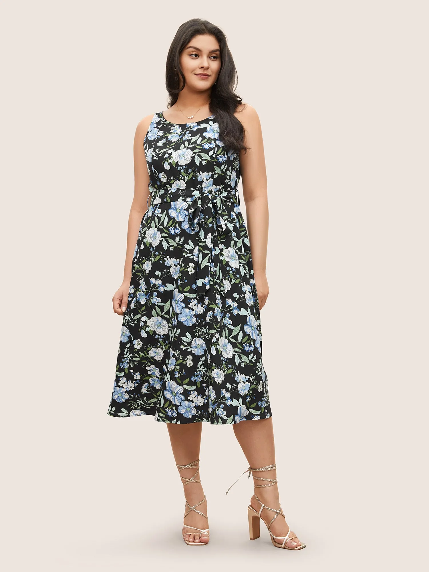 Floral Elastic Waist Sleeveless Pocket Belted Dress sold by Bloomchic