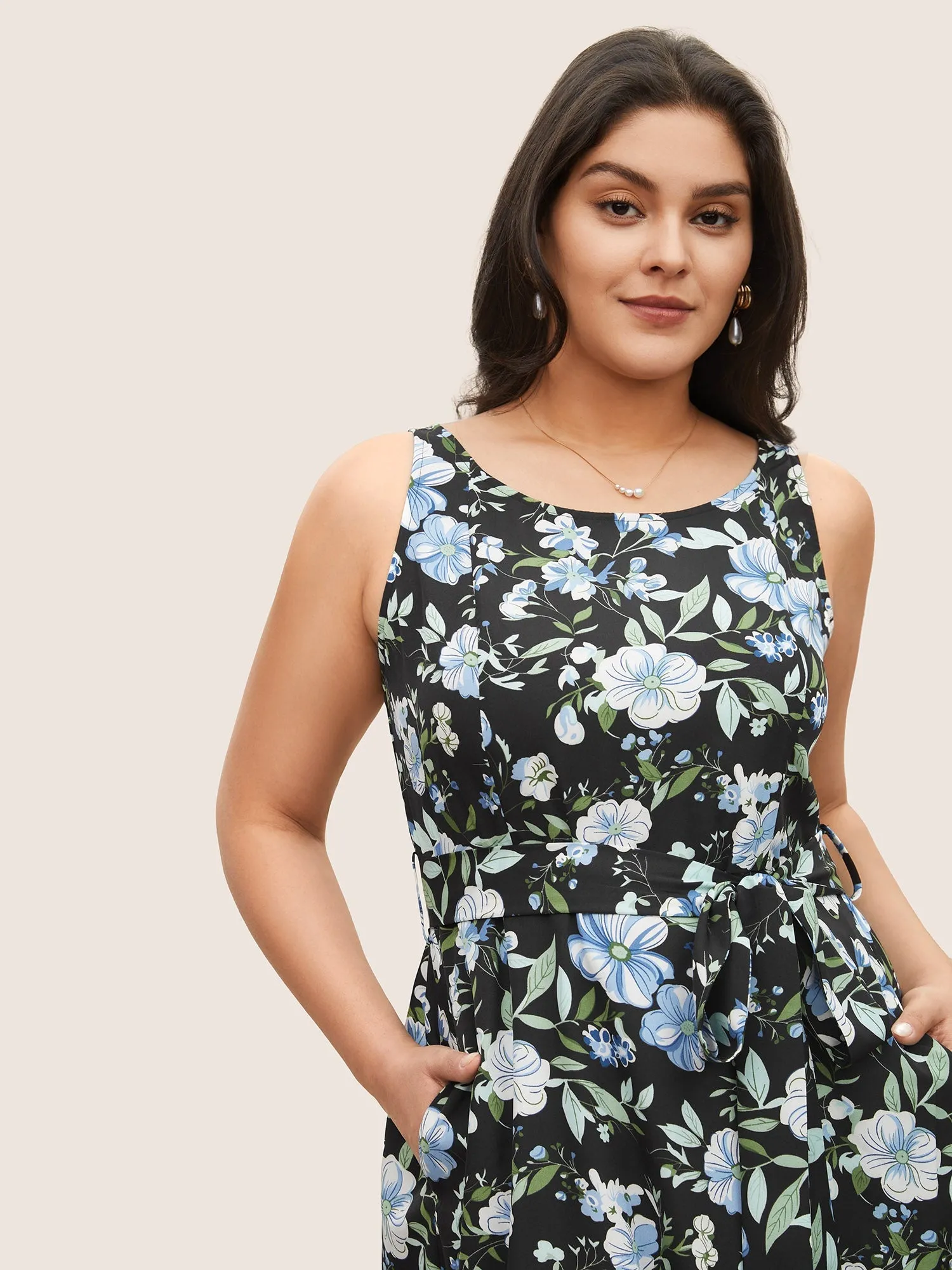 Floral Elastic Waist Sleeveless Pocket Belted Dress sold by Bloomchic product image thumbnail 2