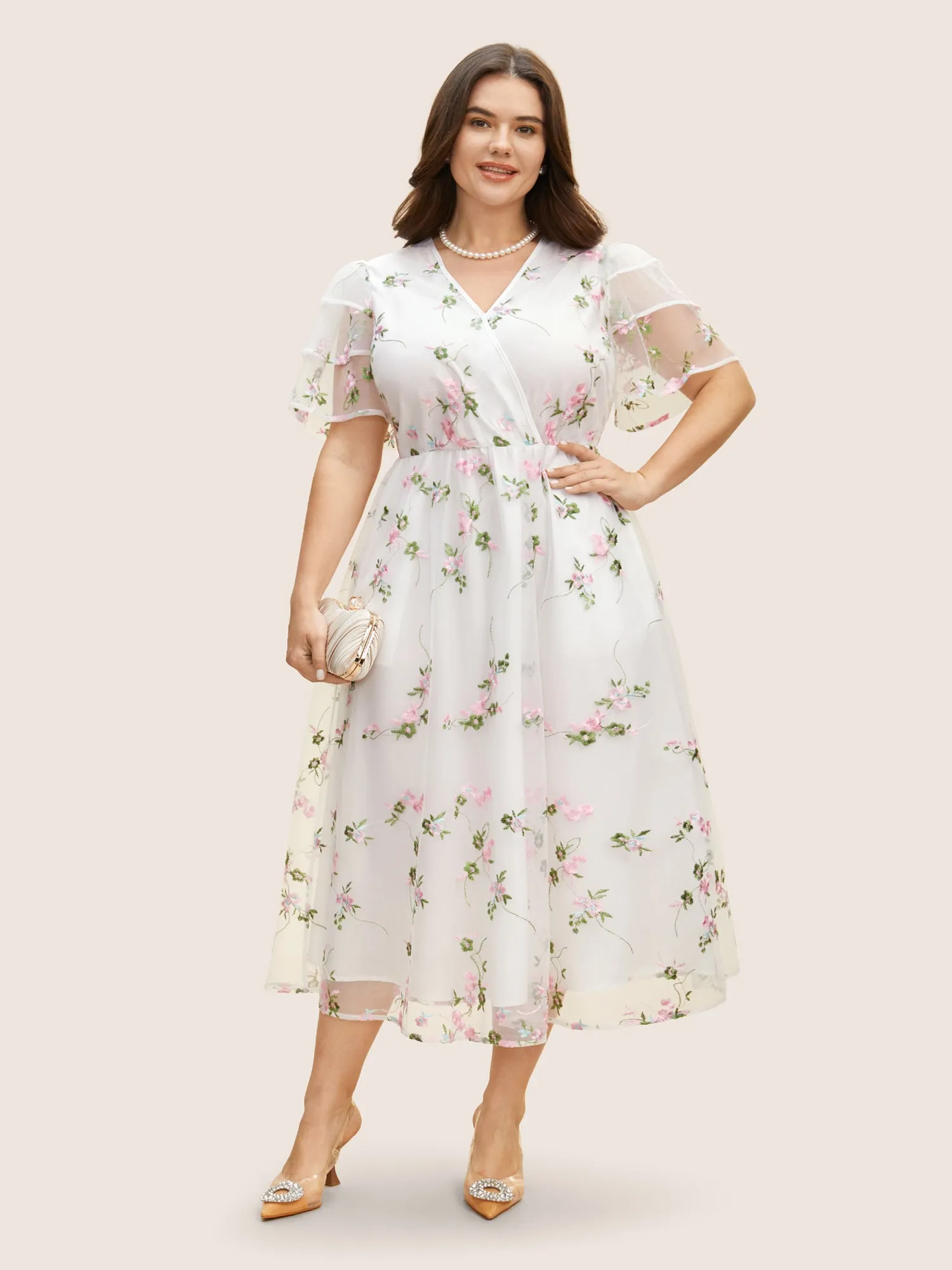 Overlap Collar Mesh Floral Embroidered Tiered Ruffles Dress sold by Bloomchic