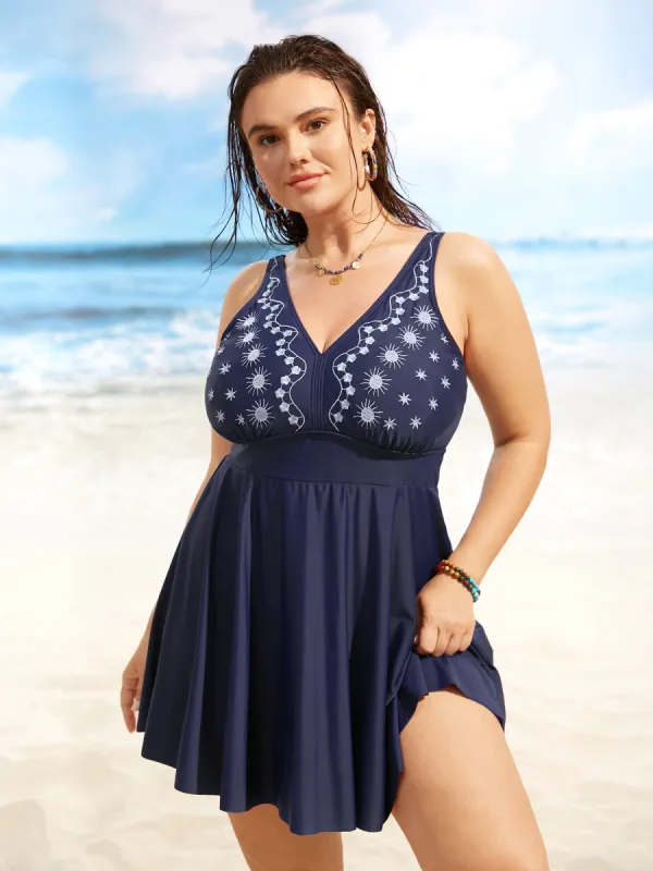 V Neck Moon & Star Embroidered Gathered Swim Dress sold by Bloomchic
