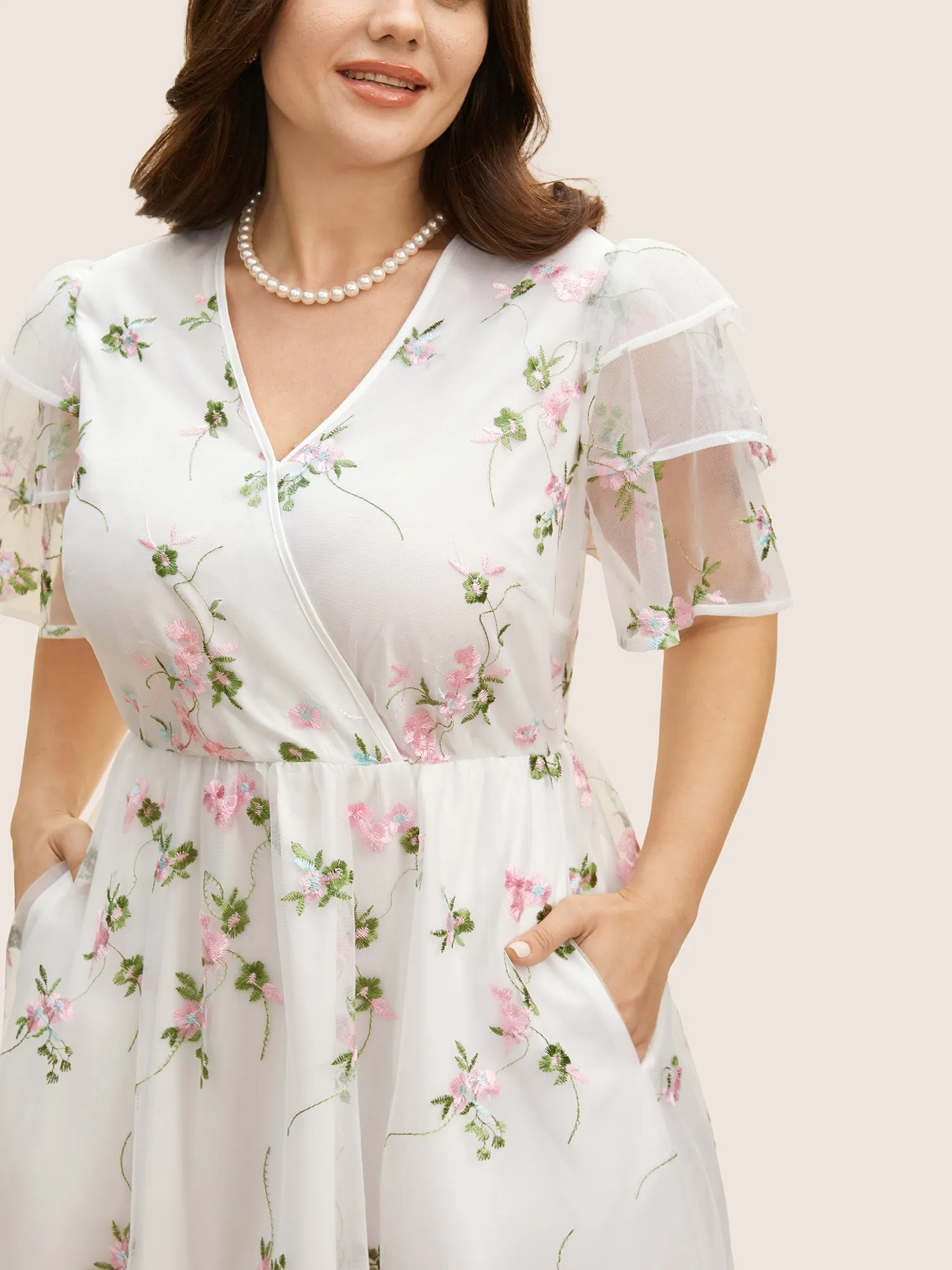 Overlap Collar Mesh Floral Embroidered Tiered Ruffles Dress sold by Bloomchic product image thumbnail 5