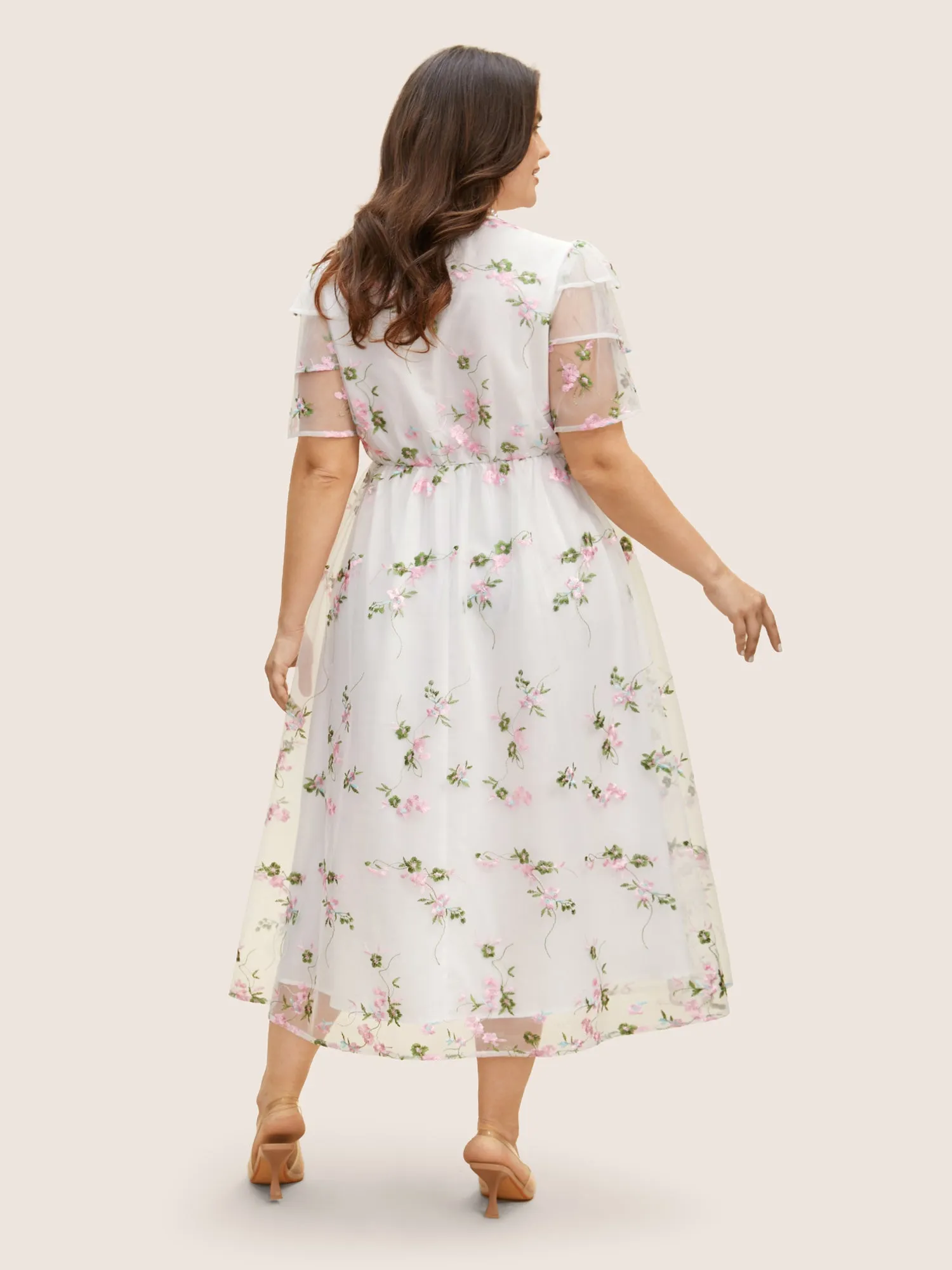 Overlap Collar Mesh Floral Embroidered Tiered Ruffles Dress sold by Bloomchic product image thumbnail 3
