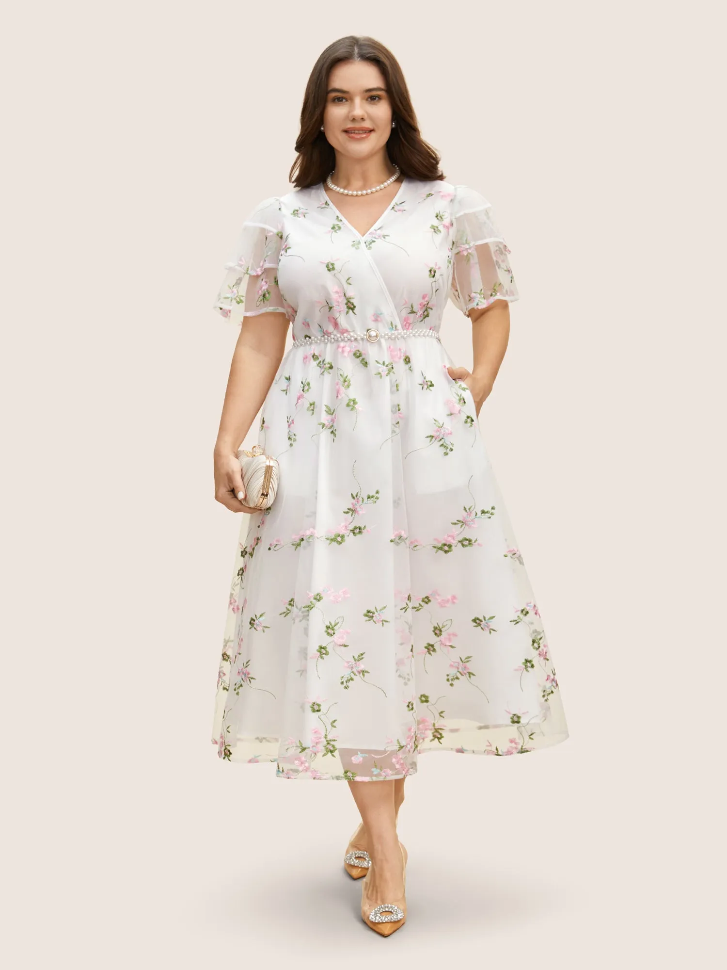 Overlap Collar Mesh Floral Embroidered Tiered Ruffles Dress sold by Bloomchic product image thumbnail 2