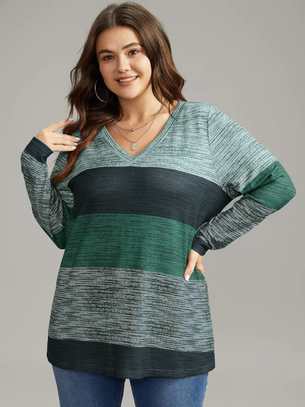 Striped Colorblock Contrast V Neck T-shirt sold by Bloomchic