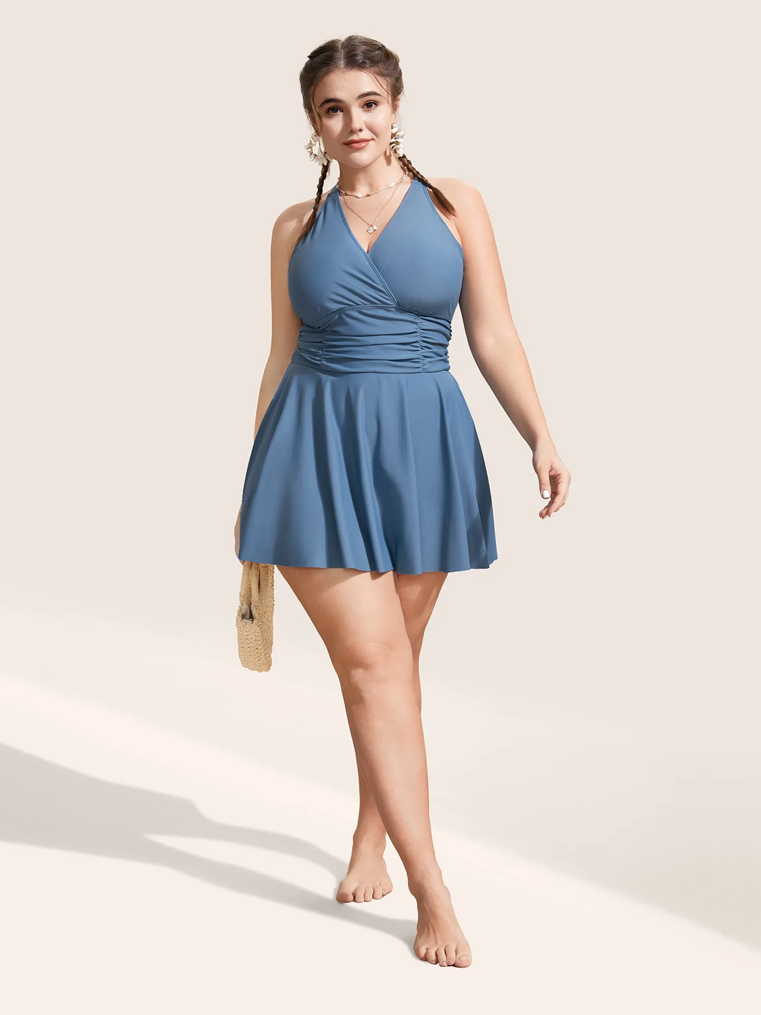 Plain Overlap Collar Ruched Swim Dress sold by Bloomchic product image thumbnail 4