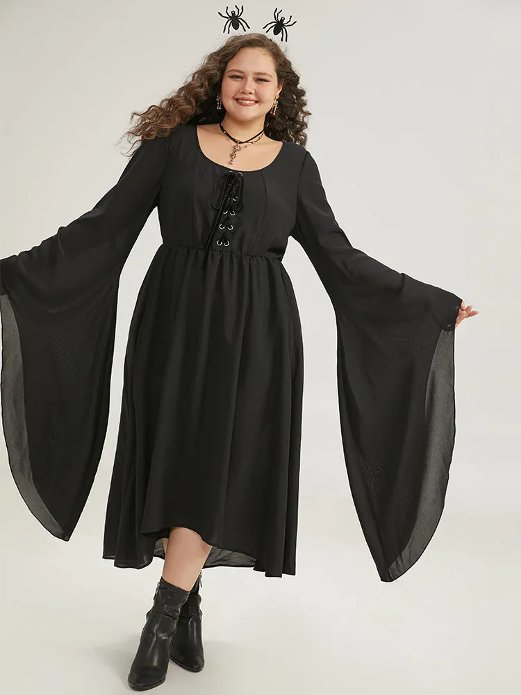 Halloween Plain Lace Up Bell Sleeve Dress sold by Bloomchic