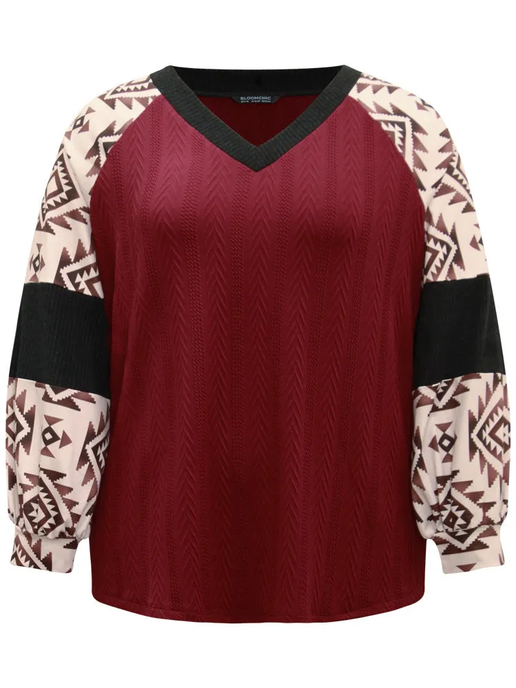 Boho Print Contrast Texture Rib Knit Raglan Sleeve Sweatshirt sold by Bloomchic product image thumbnail 5