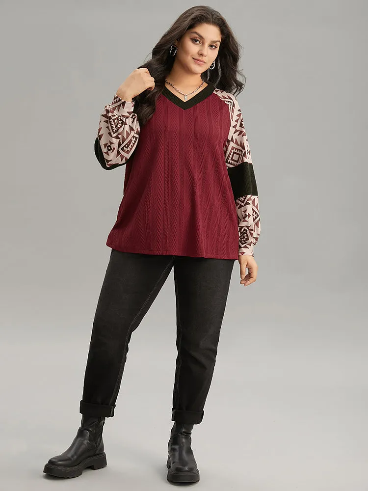 Boho Print Contrast Texture Rib Knit Raglan Sleeve Sweatshirt sold by Bloomchic product image thumbnail 3