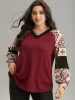 Boho Print Contrast Texture Rib Knit Raglan Sleeve Sweatshirt sold by Bloomchic