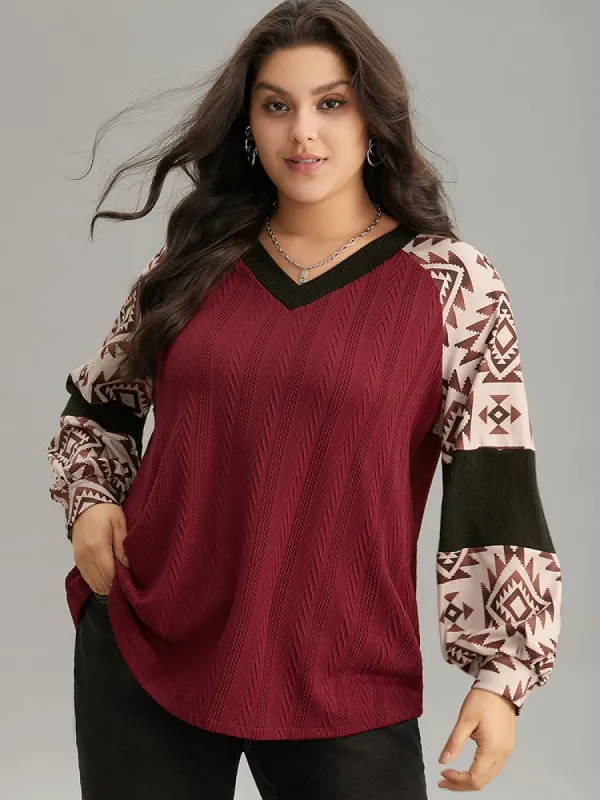 Boho Print Contrast Texture Rib Knit Raglan Sleeve Sweatshirt sold by Bloomchic