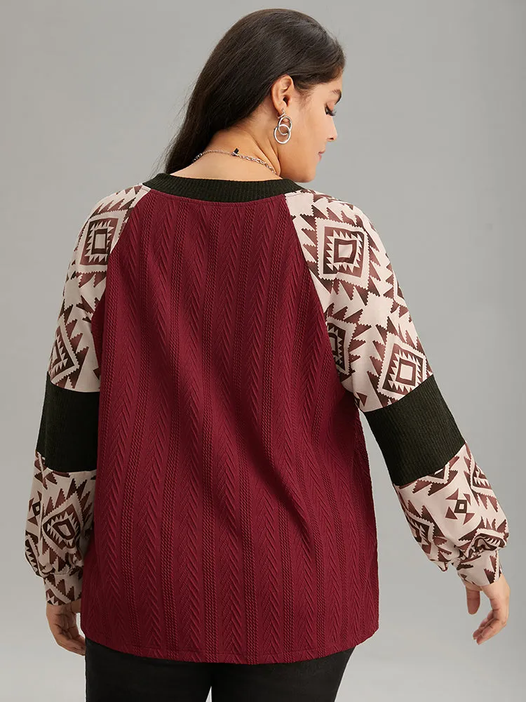 Boho Print Contrast Texture Rib Knit Raglan Sleeve Sweatshirt sold by Bloomchic product image thumbnail 4