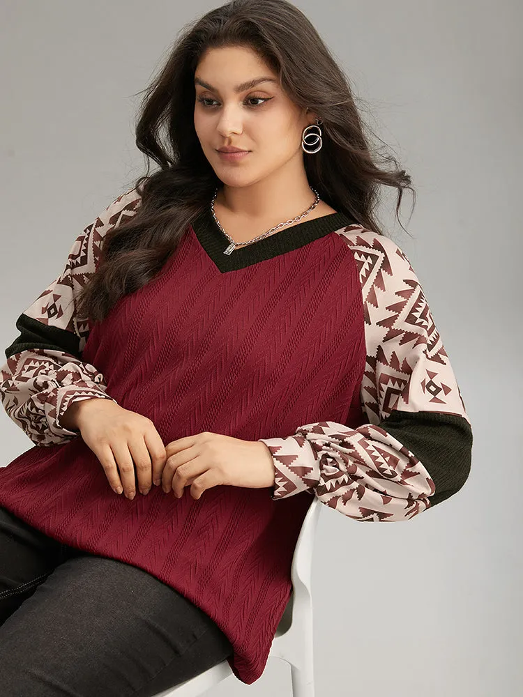 Boho Print Contrast Texture Rib Knit Raglan Sleeve Sweatshirt sold by Bloomchic product image thumbnail 2