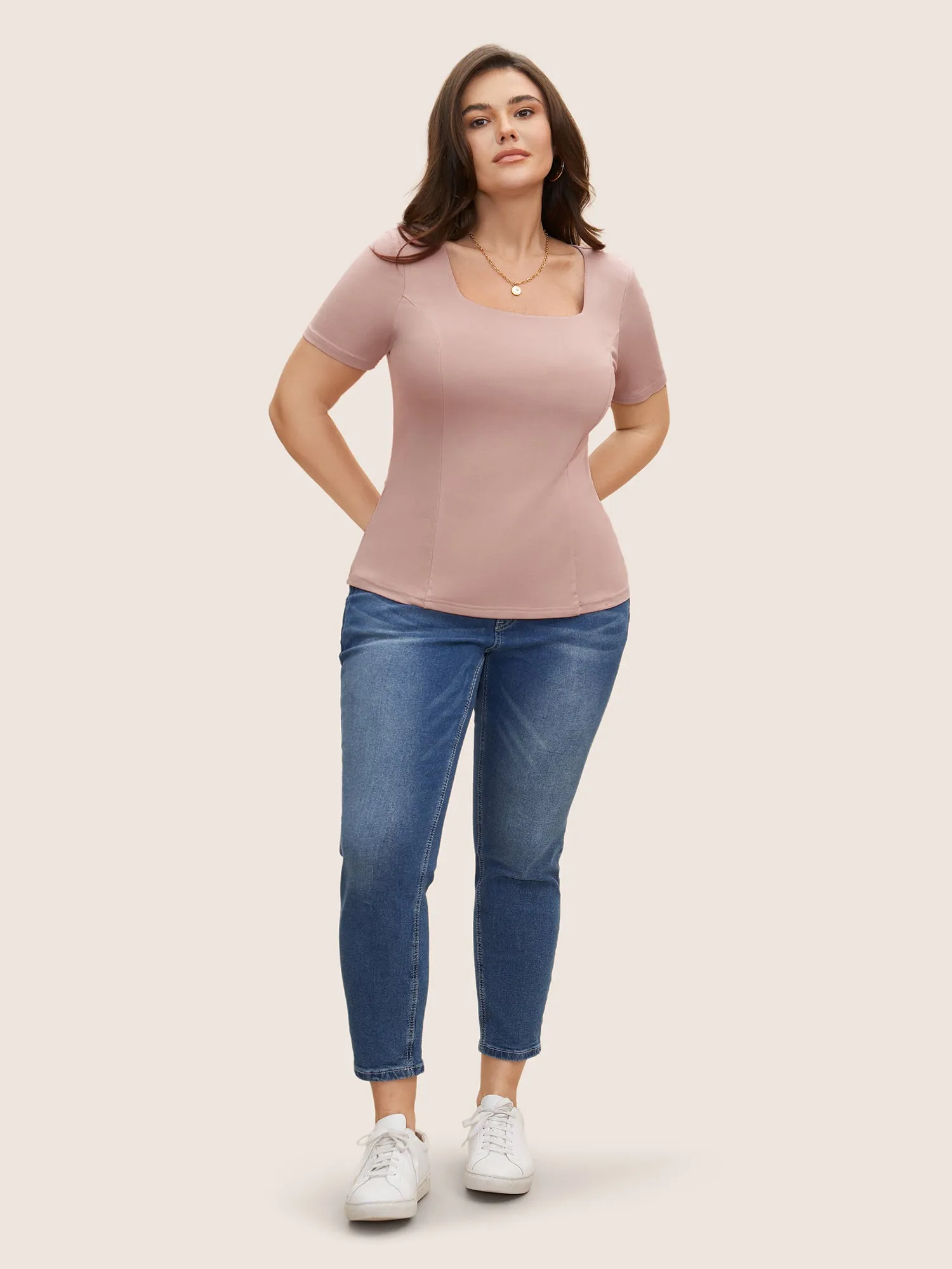 Square Neck Solid Rib Knit T-shirt sold by Bloomchic product image thumbnail 2