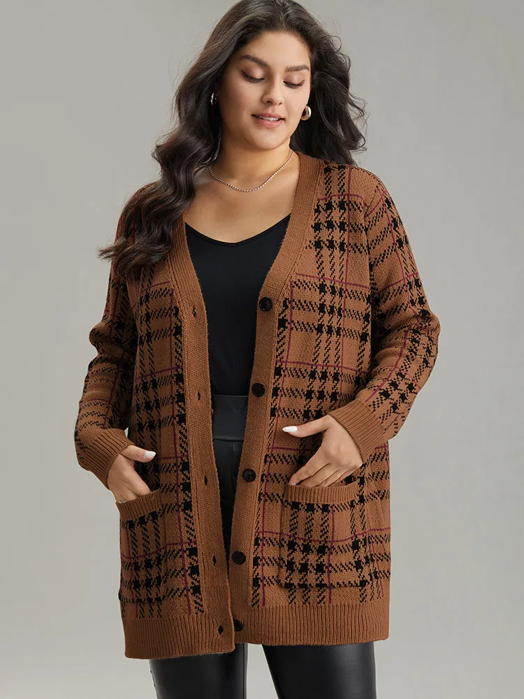 Plaid & Houndstooth Print Patched Pocket Cardigan sold by Bloomchic