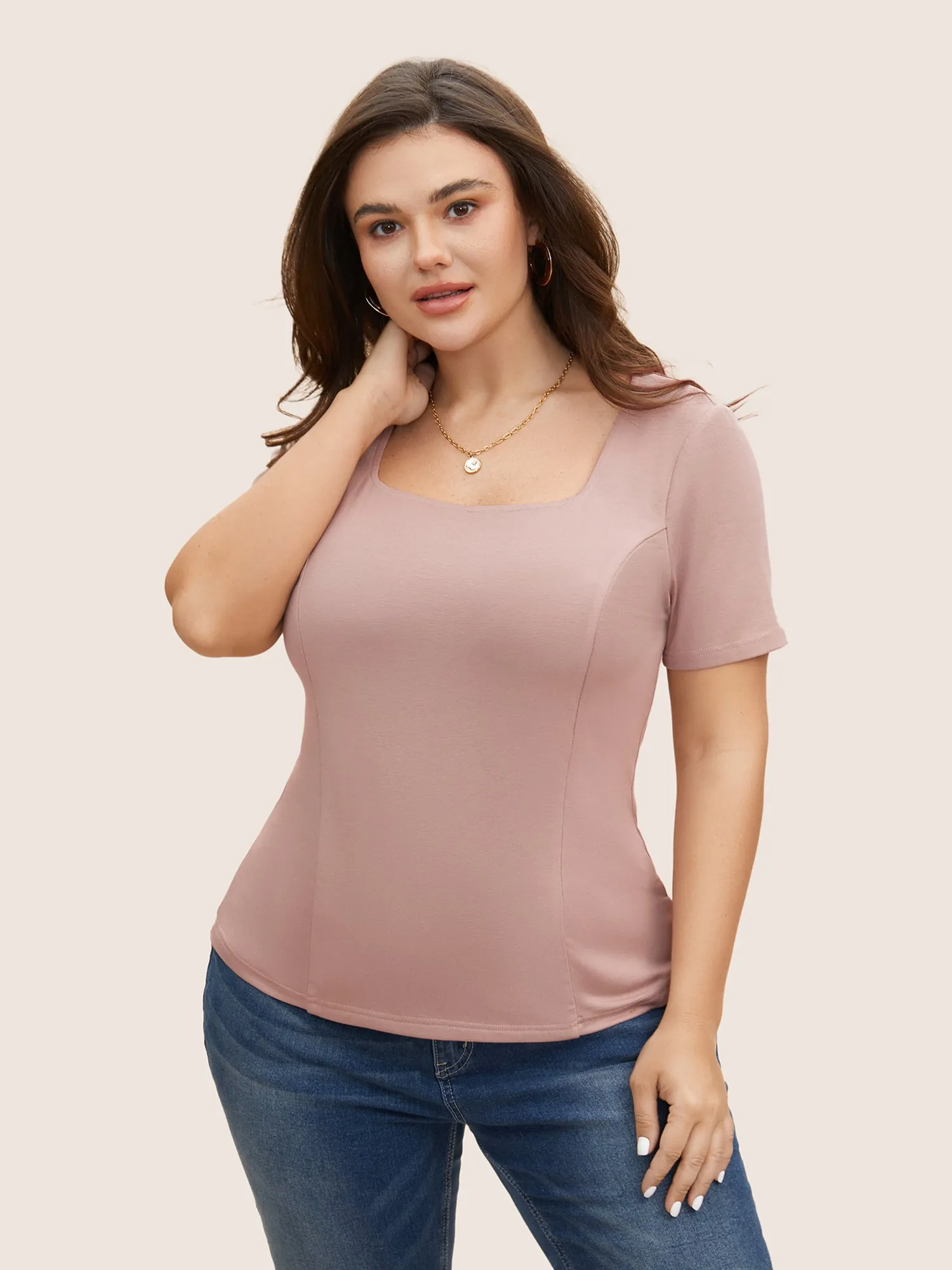 Square Neck Solid Rib Knit T-shirt sold by Bloomchic