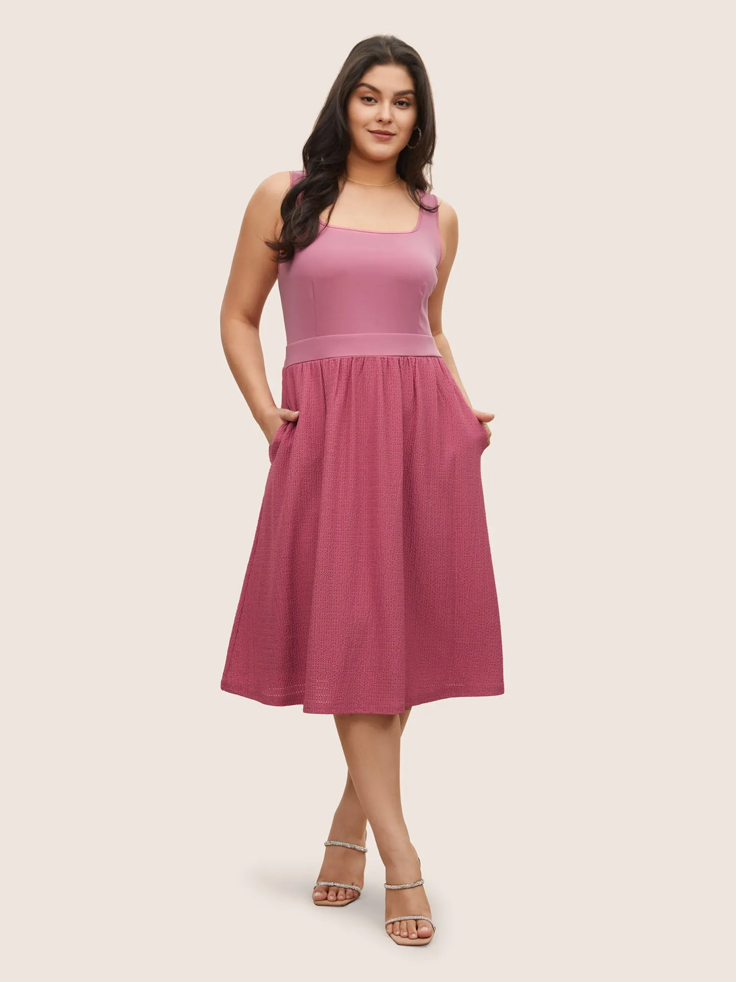 Plisse Contrast Patchwork Shirred Back Tank Dress sold by Bloomchic product image thumbnail 3