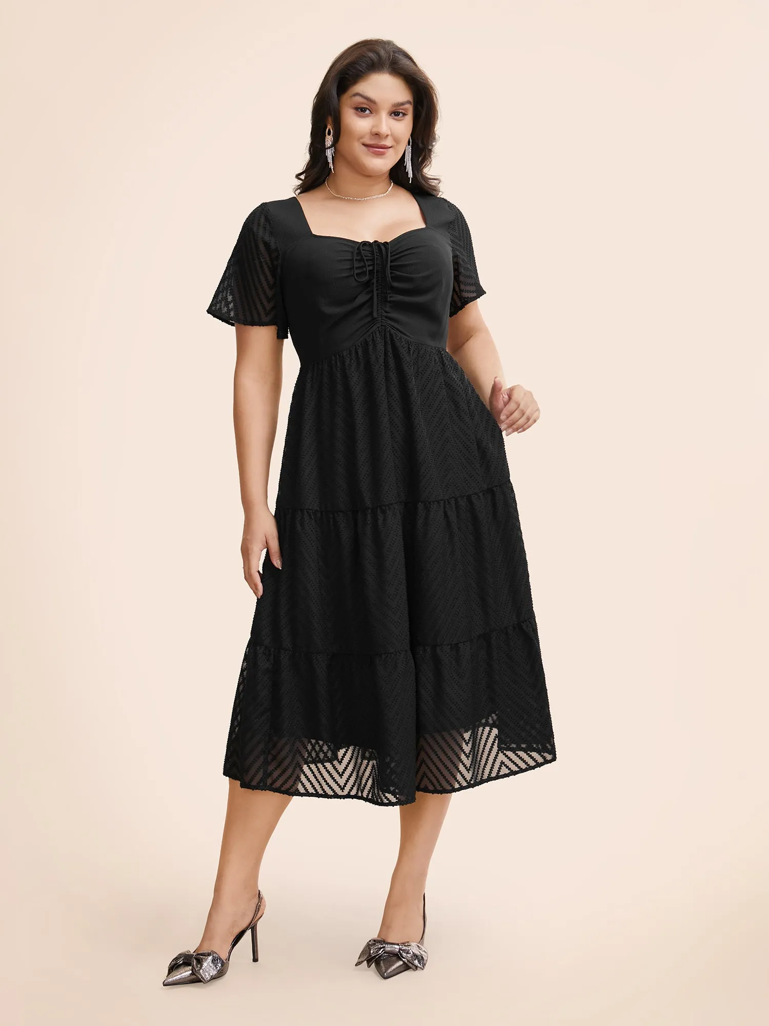 Heart Neckline Texture Patchwork Drawstring Dress sold by Bloomchic