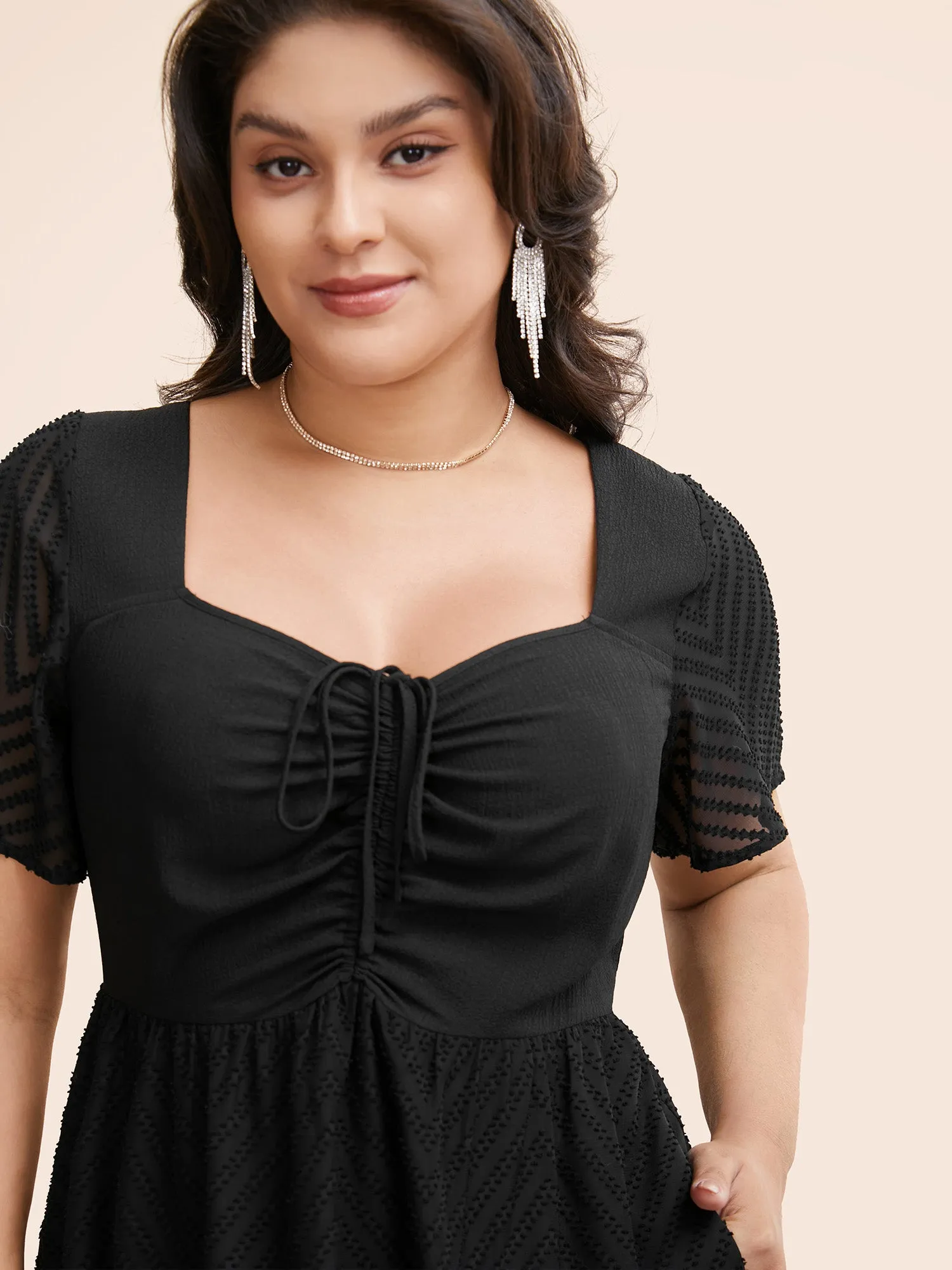 Heart Neckline Texture Patchwork Drawstring Dress sold by Bloomchic product image thumbnail 4