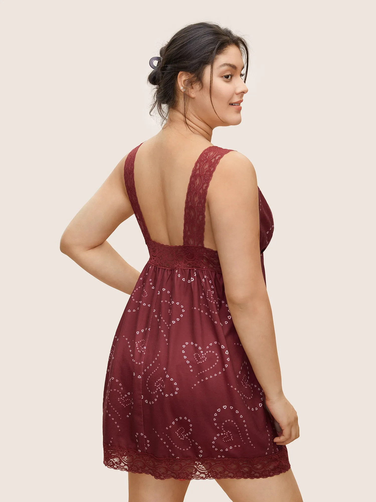 Heart Print Lace Panel Deep V Neck Sleep Dress sold by Bloomchic product image thumbnail 3
